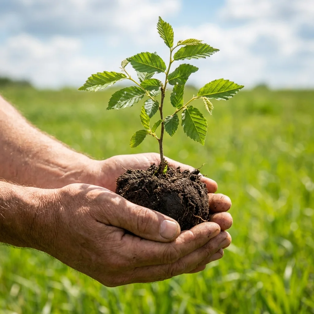 Hands holding a growing tree